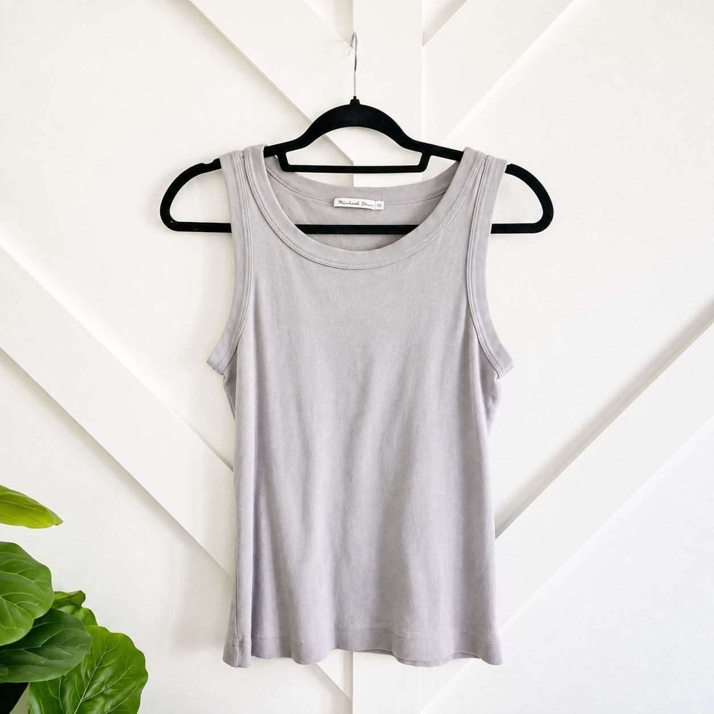 Michael Stars Tank Top Women OS Gray Ribbed Cotton Sleeveless Crewneck Basic